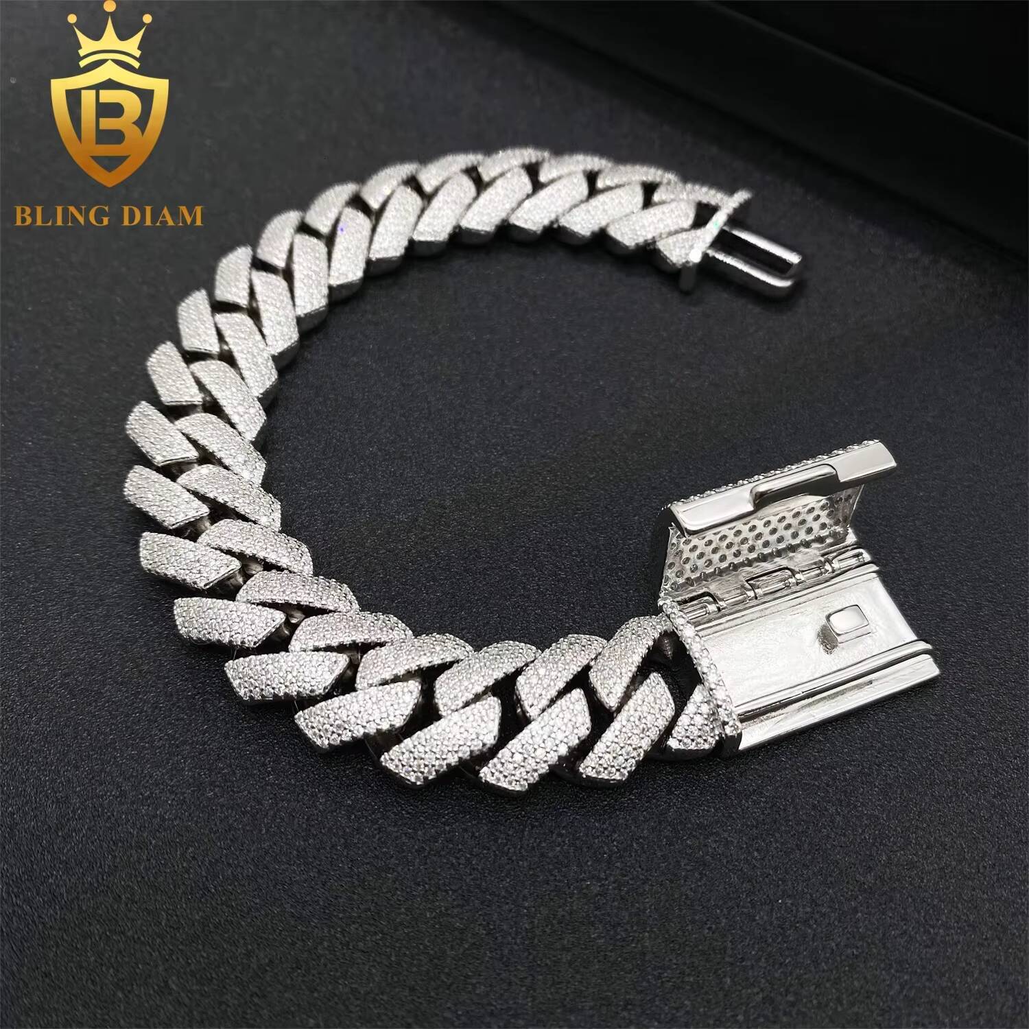 Stylish 925 Silver Cuban Link Bracelet with 15MM Diamonds for Wholesale Factory Bracelet Men