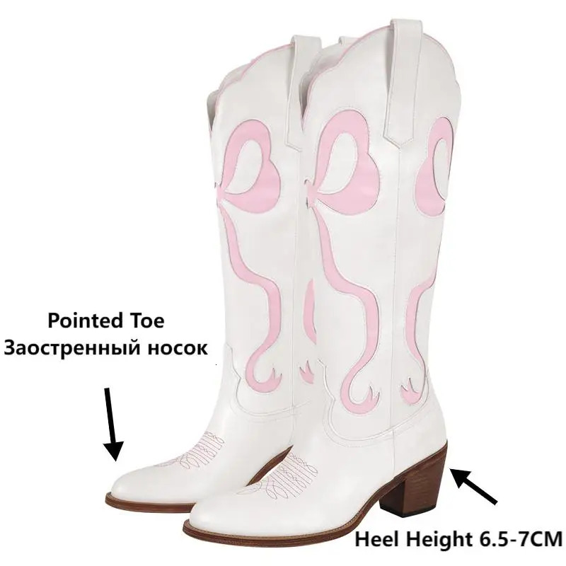 Richealnana Women Blue Pull-on Knee High Cowgirl Boots with Bow Comfy Big Size Women Cowboy Boots 250809