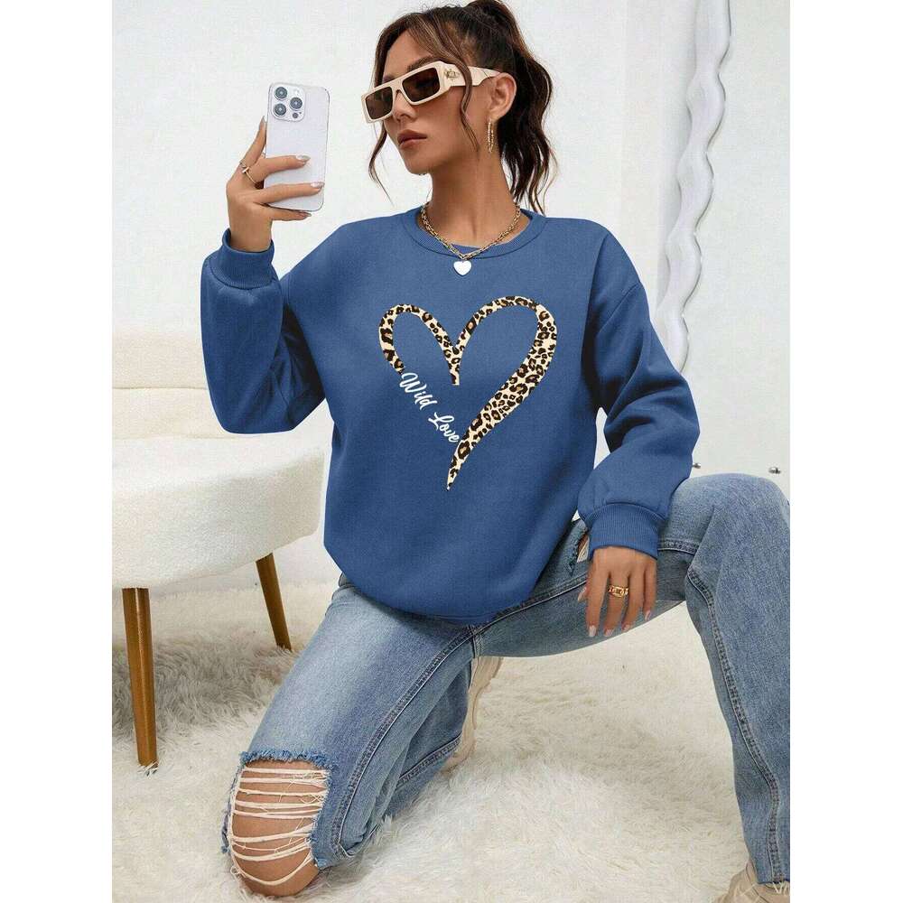 Leopard Wild Heart Pattern Print Female Sweatshirt Street Fur-Liner Pullovers Hipster Clothing All-Match Crewneck Tracksuit