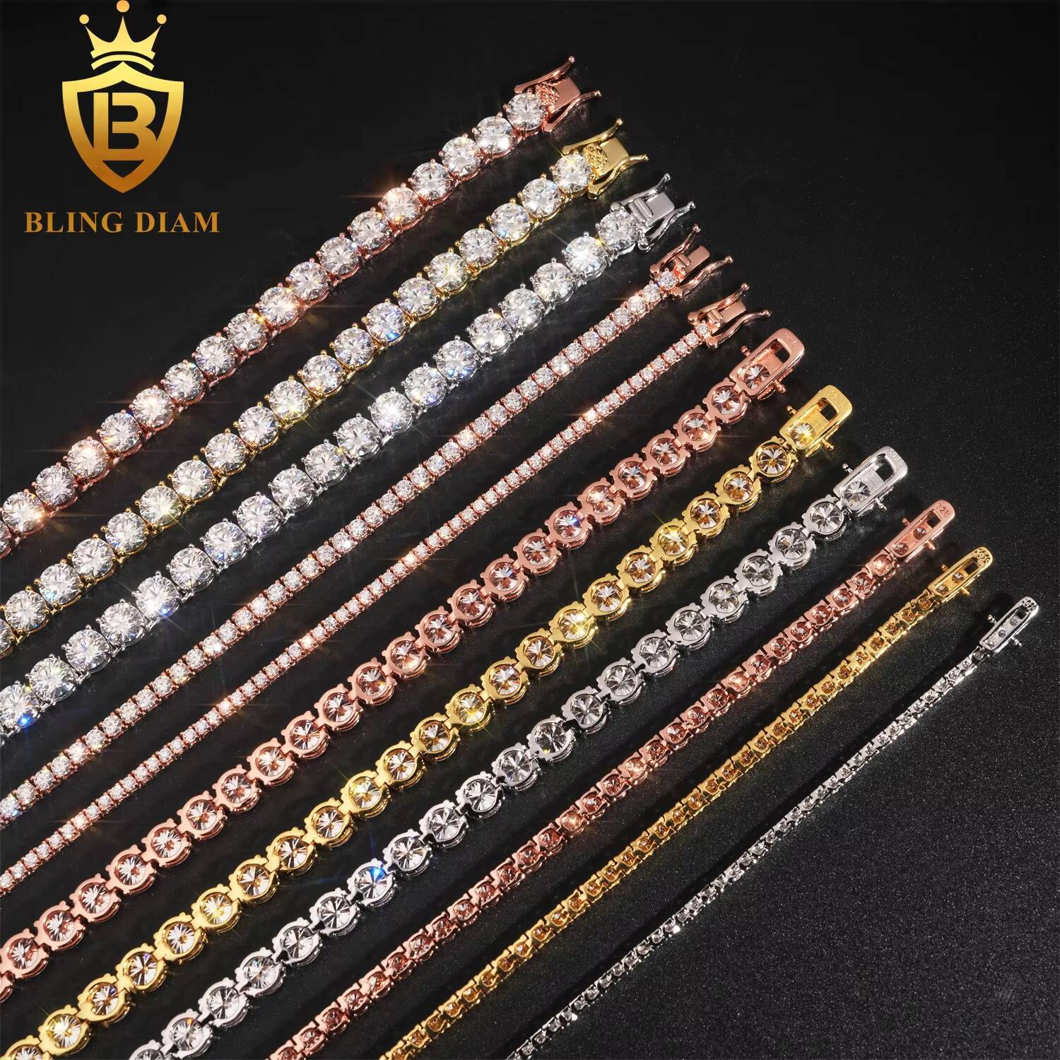 Ready Shipping 2mm 3mm 4mm Moissanite Tennis Chain 925 Sterling Silver Hip Hop Tennis Chain Necklace Rapper Jewelry