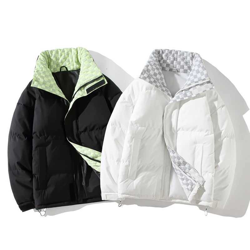 Mens Cotton-Padded Winter Thickened Warm Checked Stand-Up Collar Jacket Fashionable Windproof Loose Parka Coat W250815