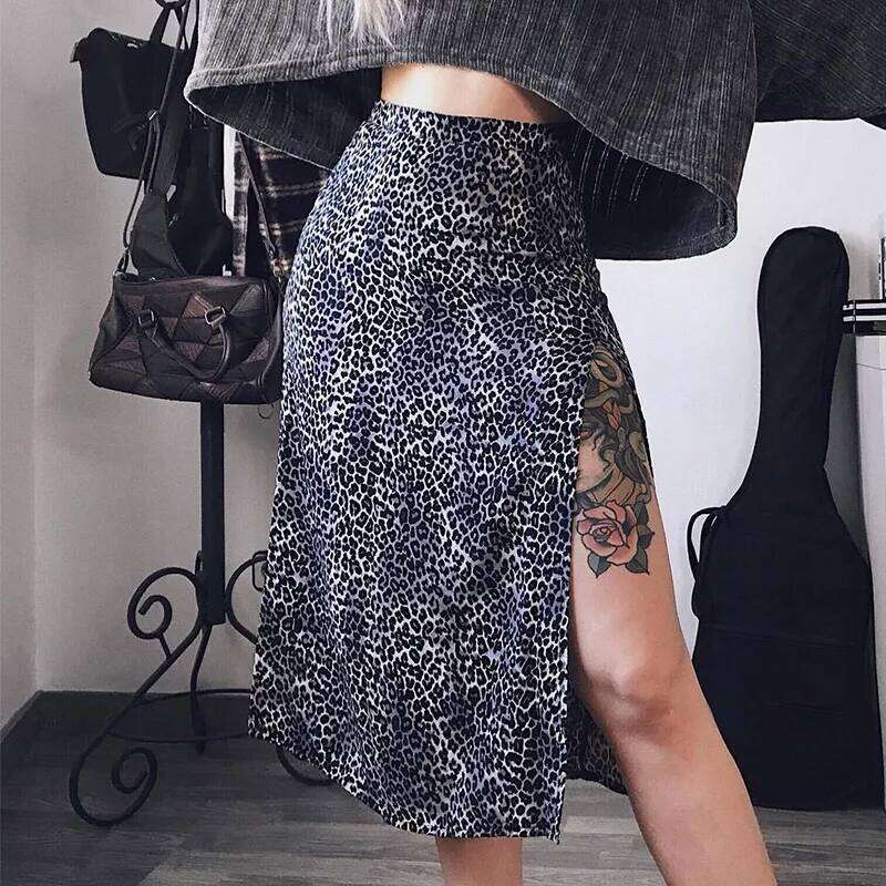 Vintage Summer Flower Leopard Print High Waist Stretch Long For Women A-Line Skirts Fashion Beach Maxi Skirt