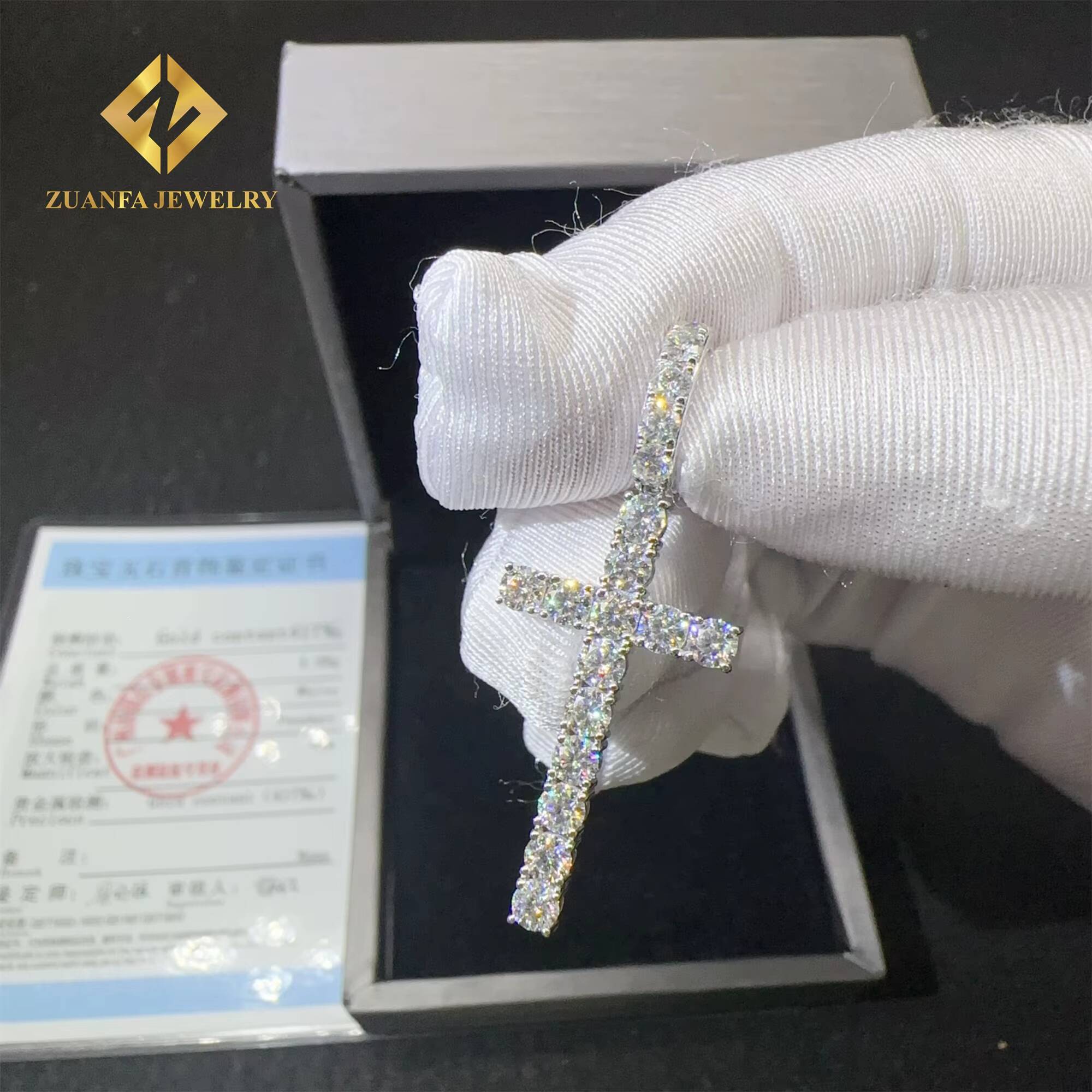 Popular Pass Tester Hip Hop Luxury Iced Out Fire Jewelry 10k Real Gold VVS1Moissanite Diamond Cross Pendant Necklace Set