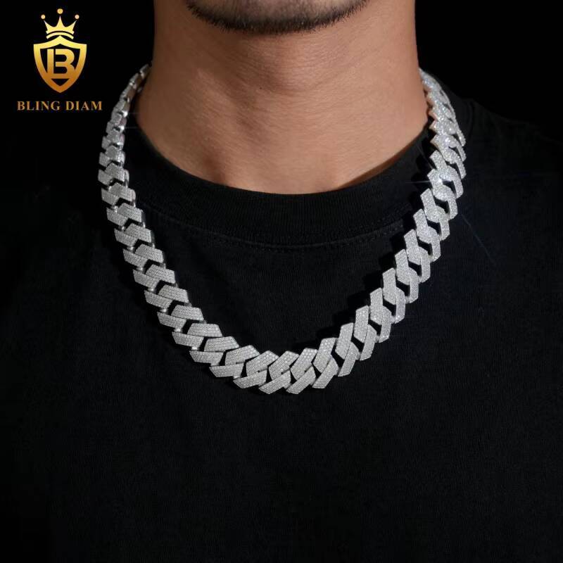 New Design 20MM Moissanite Cuban Chain Necklace High Quality Round Brilliant Cut Diamond 925 Silver