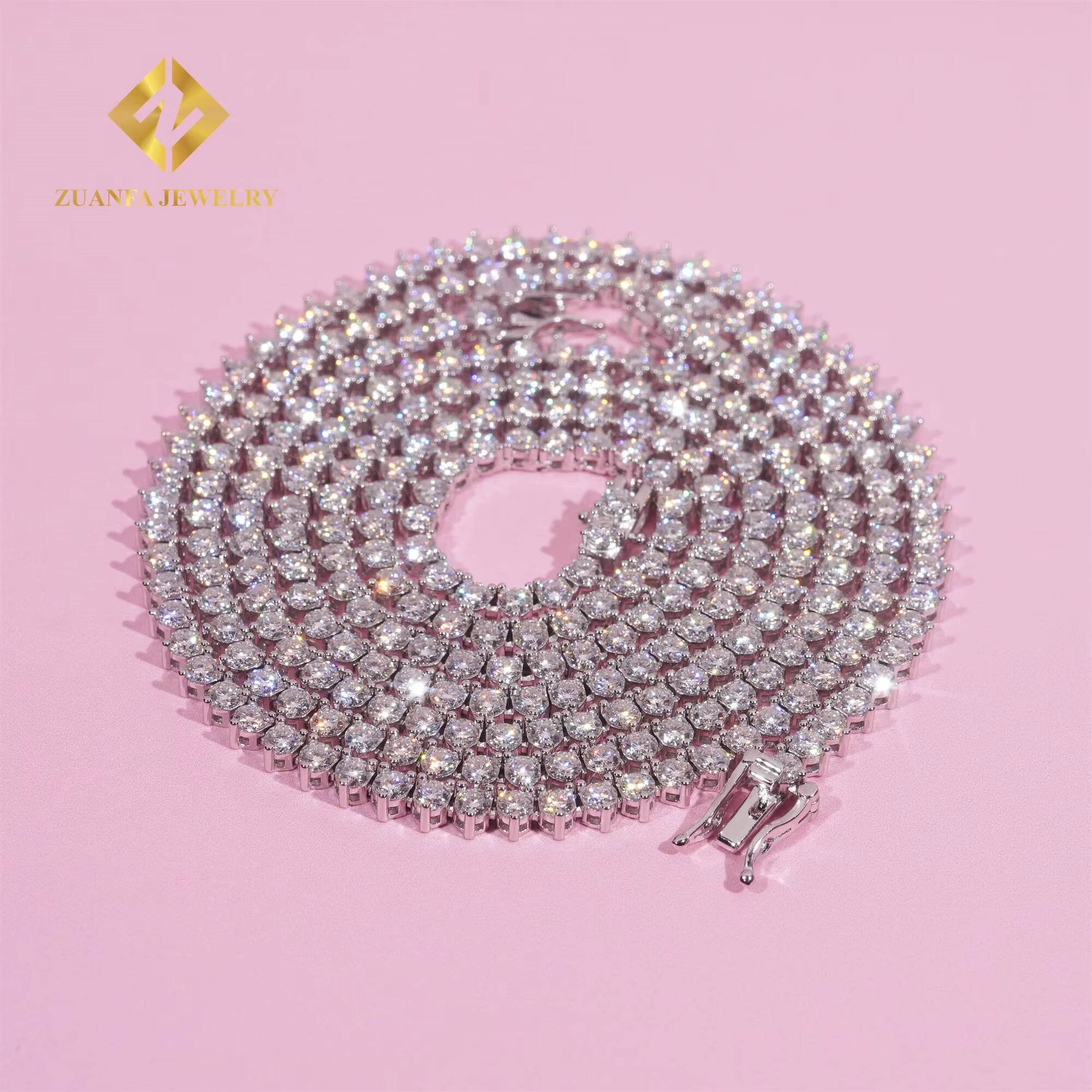 New Arrivals Elegant Female Gift Jewelry 3mm 925 Sterling Silver Rhodium Plated FL Moissanite Diamond Cluster Tennis Chain