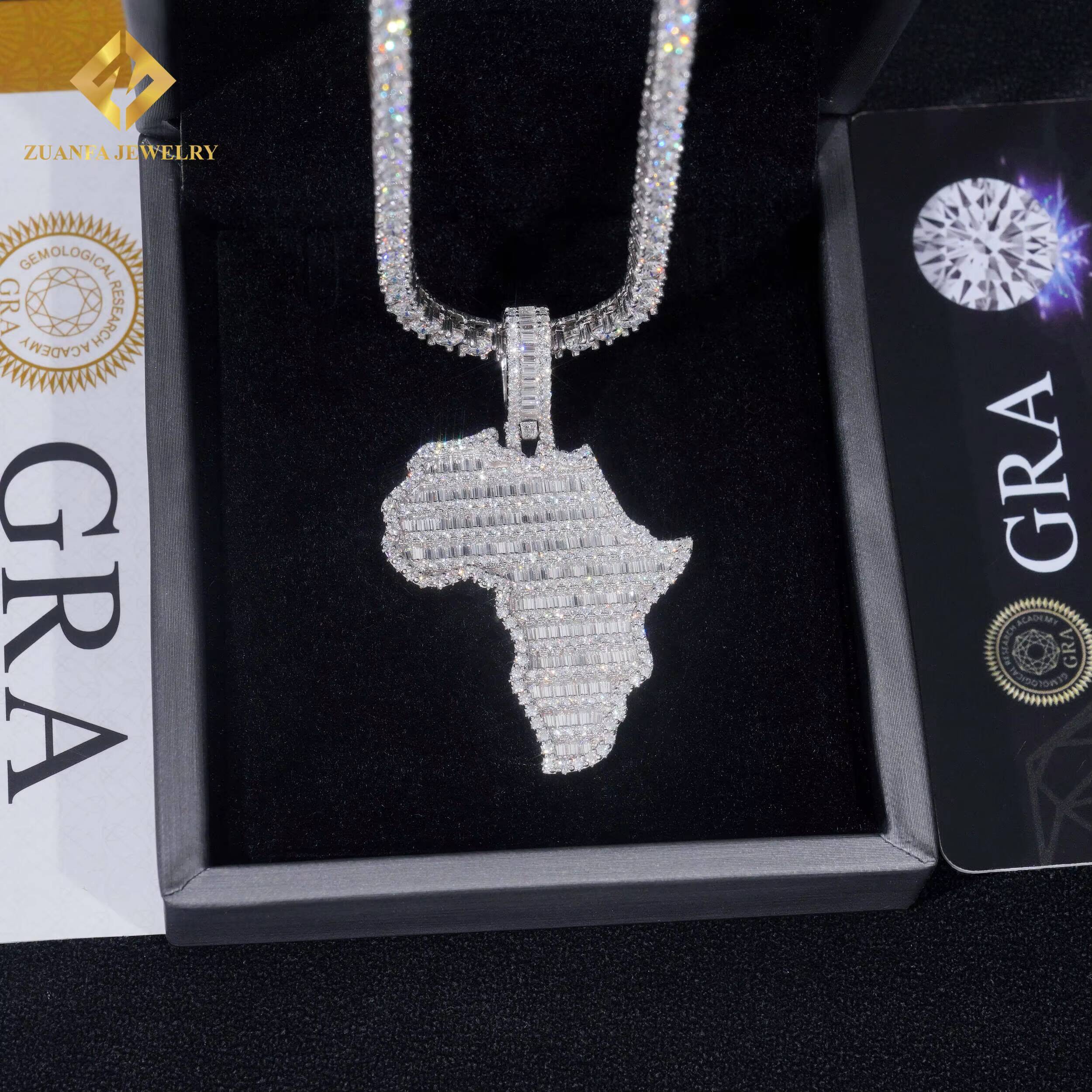 Worldwide Shipping Hip Hop Jewelry Iced Out Charms Pendant 925 Solid Silver Full Baguette Moissanite African Map Pendant