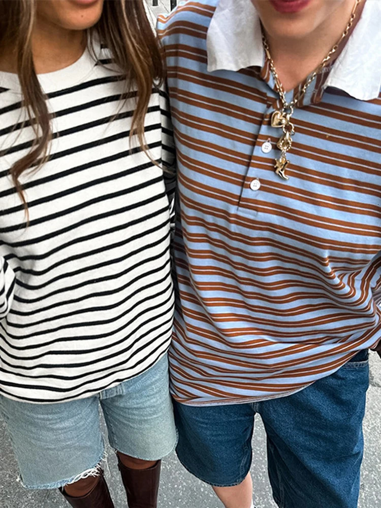 Vintage Striped Womens Pullover Tshirt Turndown Collar Long Sleeve Tops Women Casual Loose Button Shirt Fashion 250814