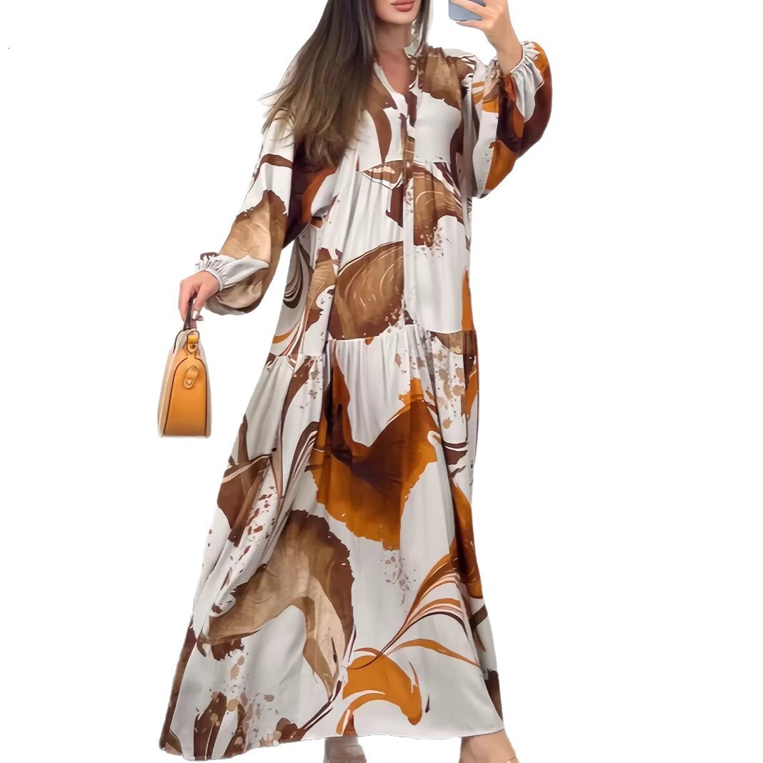 2025 New Printed Loose Casual Sleeve Elegant V-Neck Long Dress for Women