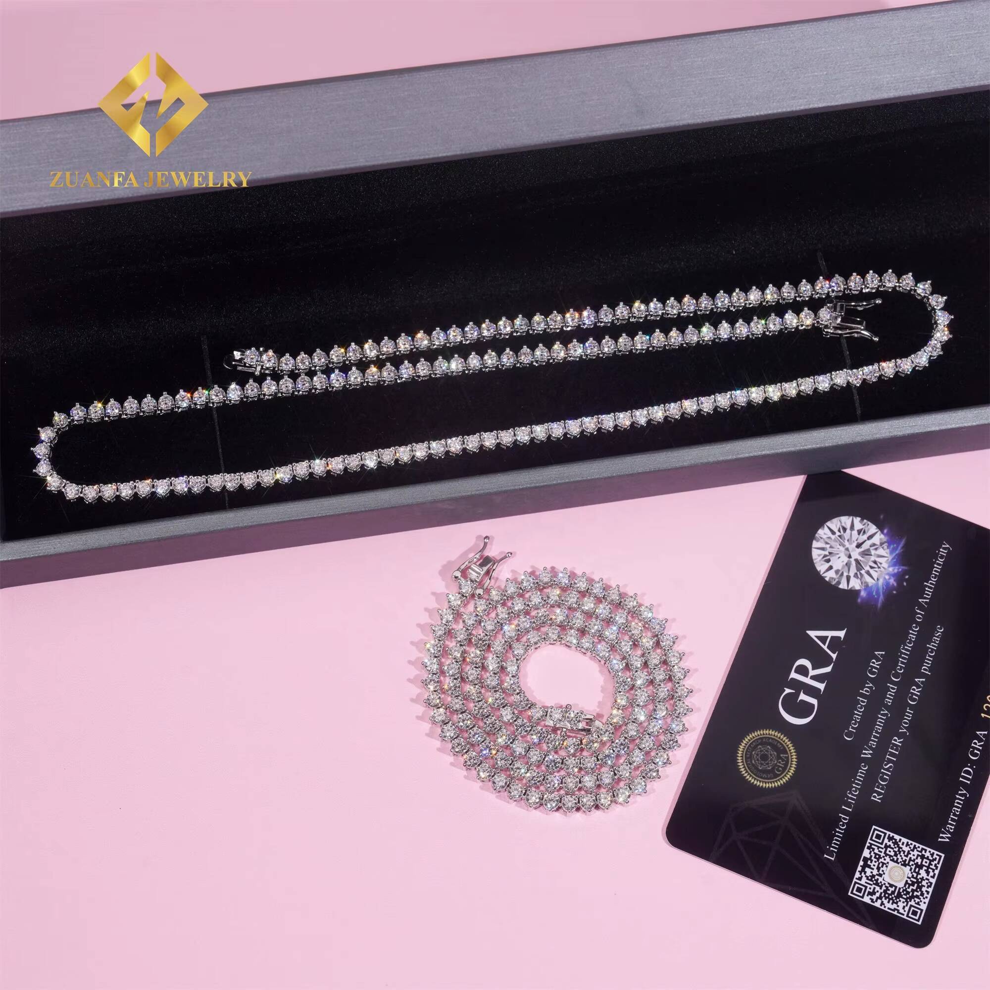 New Arrivals Elegant Female Gift Jewelry 3mm 925 Sterling Silver Rhodium Plated FL Moissanite Diamond Cluster Tennis Chain