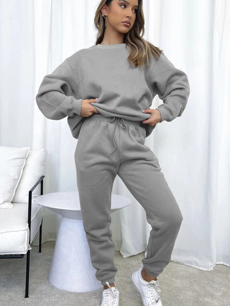 Autumn womens casual suit solid color long sleeve crewneck hoodie laceup pocket pants winter twopiece set 250814