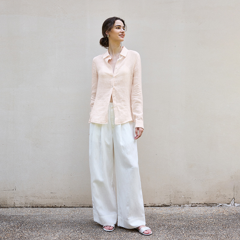 2025 Autumn Pure Linen Women's Shirt Loose Old Money Style Single-Breasted Solid Color Top Slightly Sheer Minimalist Blouse