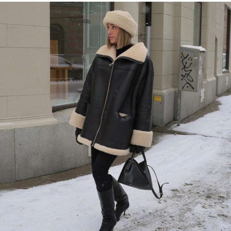 Women's Clothing 2024 Autumn Winter New Fashion Cashmere Fur Collar Composite And Leather Jacket