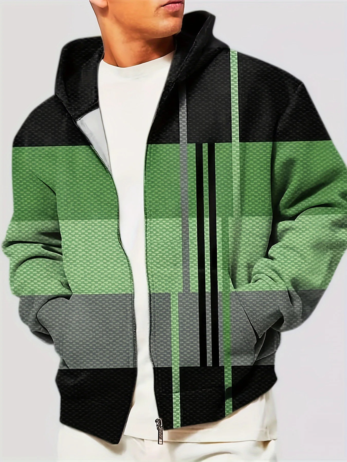 Mens Plus Size Digital Print Color Block Casual Hooded Jacket With Pockets Zipper Lapel Shirt Outdoor Fashion Tops 250814