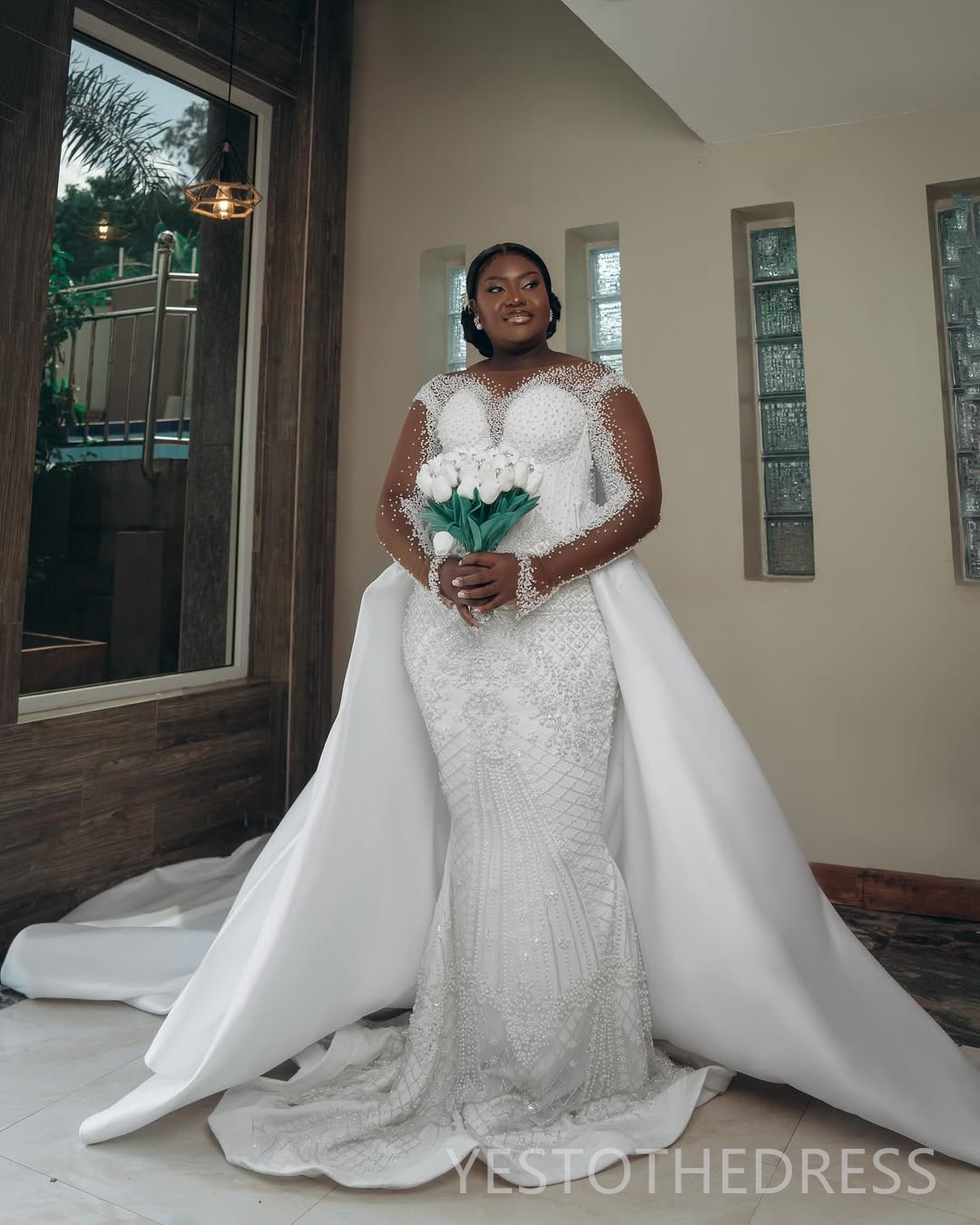 2025 Plus Size African Wedding Dress Bridal Gowns For Bride Mermaid Sheer Neck Detachable Train Lace Pearls Tiered Pleat Wedding Gowns For Black Women