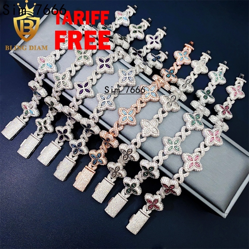19mm Multiple Options Marquise Cut Flower New Design Colorful 925 Sliver Moissanite Clover Iced Out Bracelet