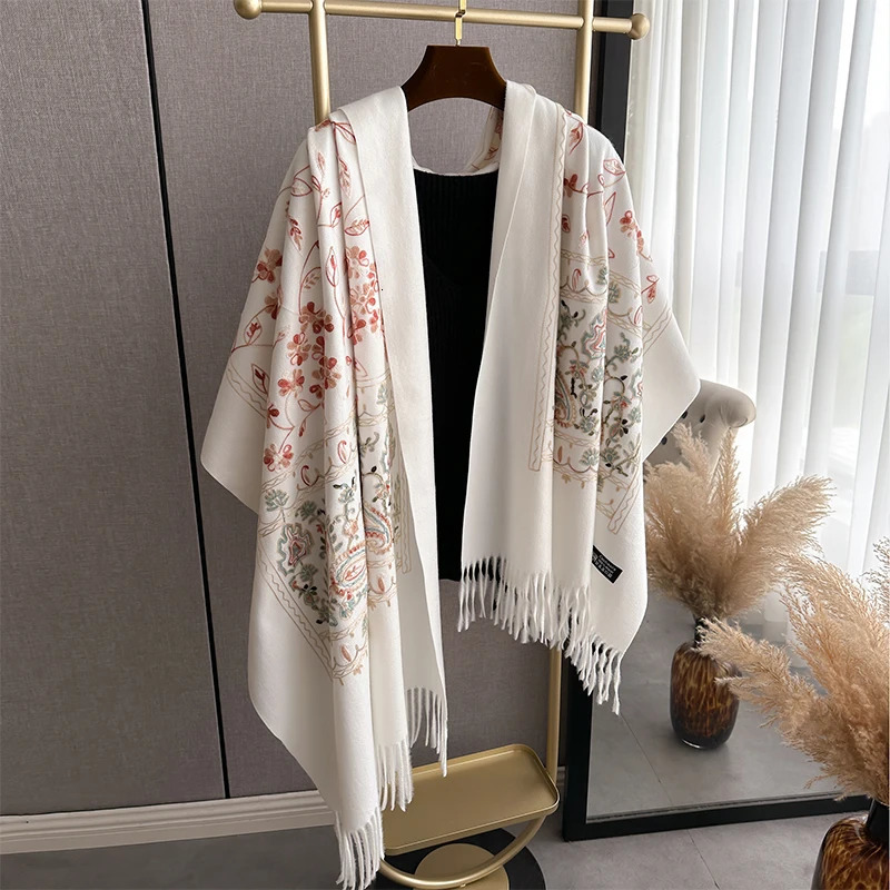 Winter Embroidery Cashmere Scarves High Quality Women Thicken Wrap Shawl Ladies Warm Wool Pashmina Scarf 250808