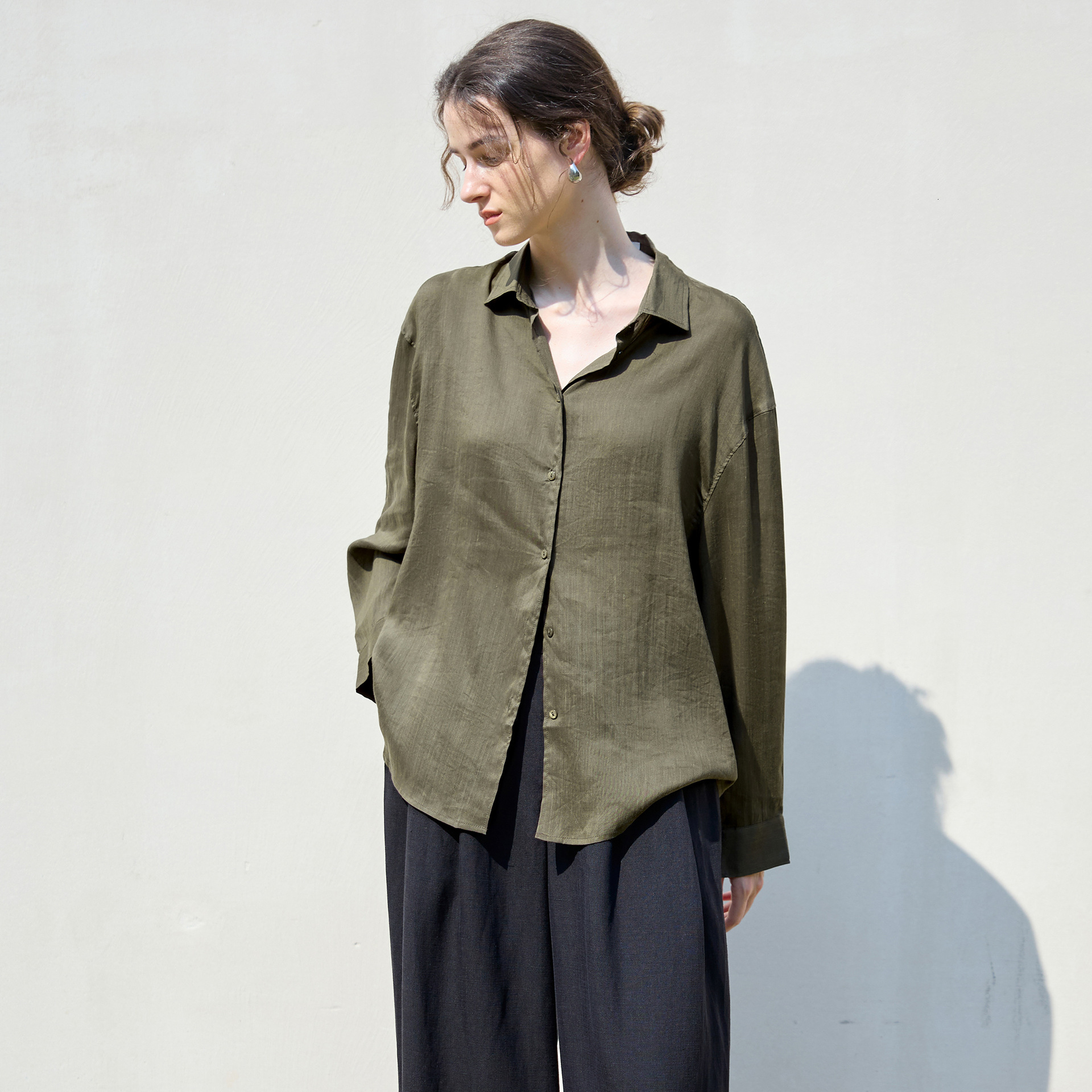 Old Style Loose Solid Color Women's Simple Single-Breasted Long Sleeve Shirt Relaxed Tencel Linen Top