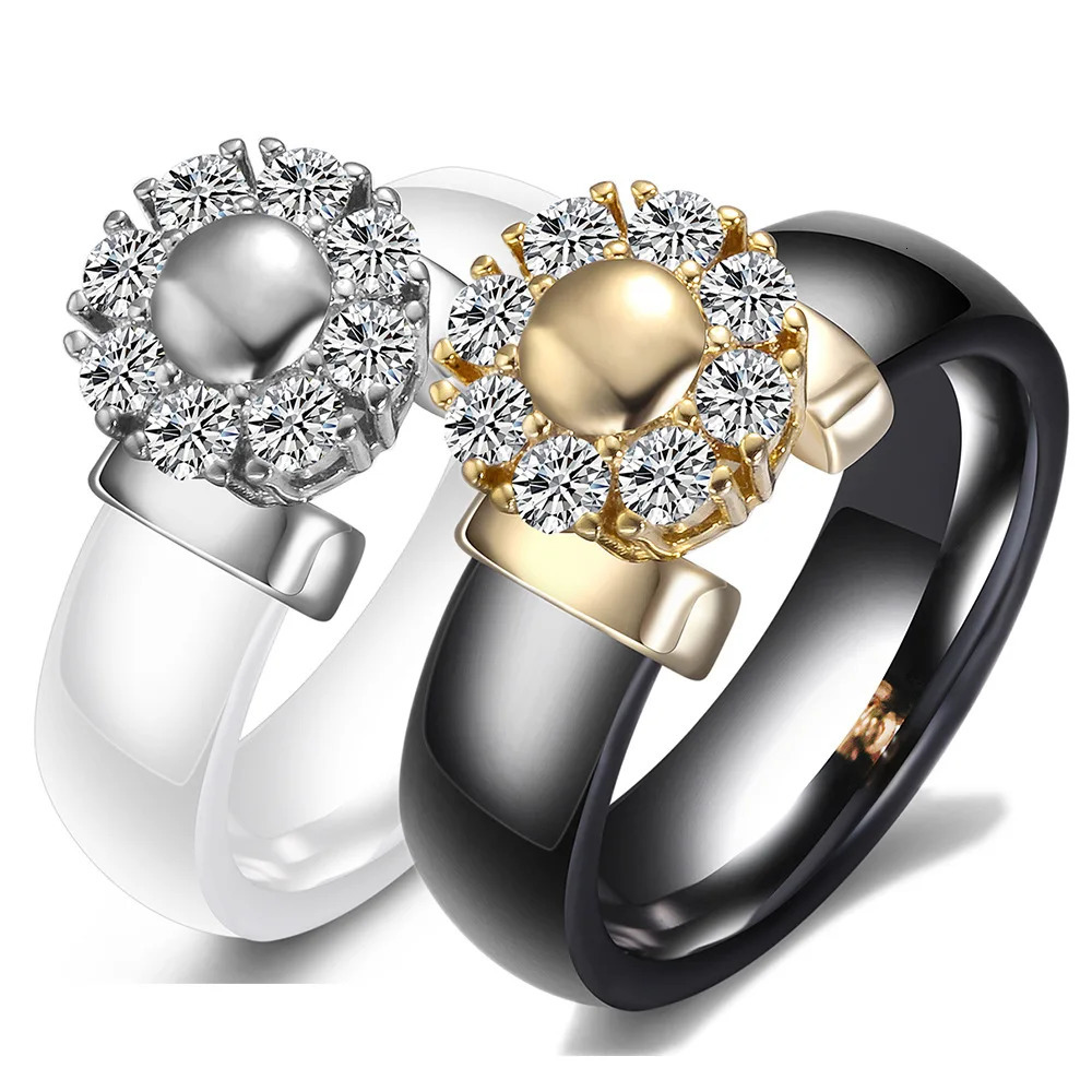 Sunflower Zircon Ceramic Ring For Women Girl Steel Metal Finger Jewelry Accessories Gift Black White Color 250807