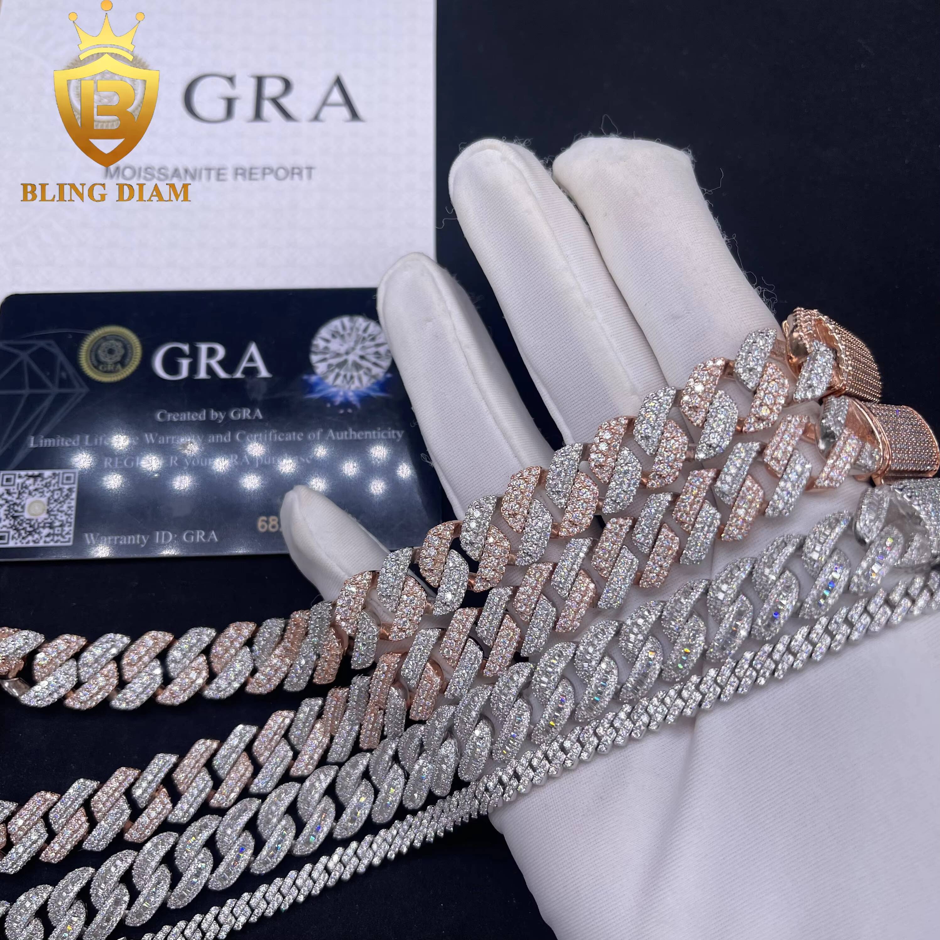 Hip Hop Jewelry Iced Out Rose Gold Two Color Miami Cuban Link Chain and Bracelet for Men Moissanite 925 Sterling Silver
