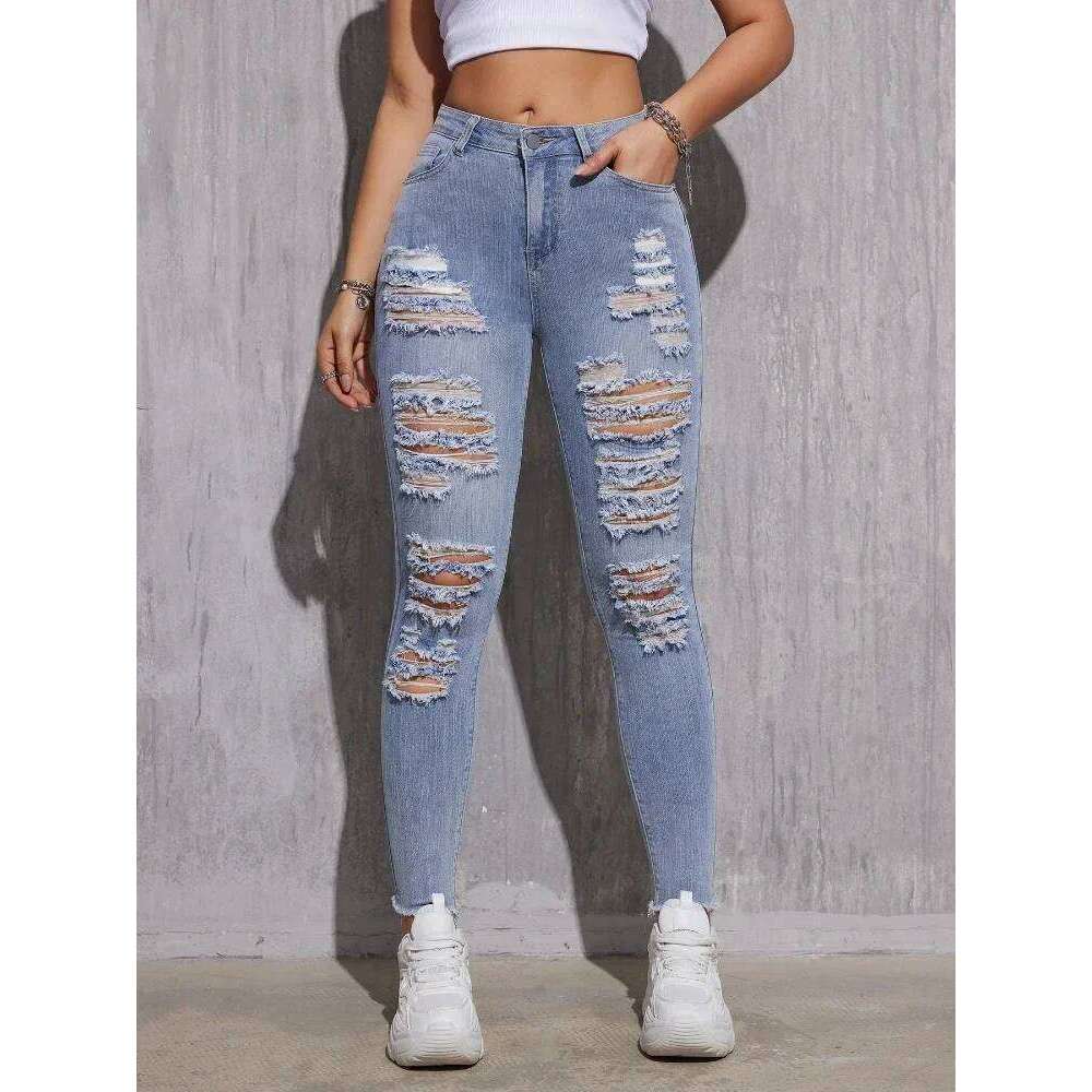 Women Ripped Jeans Cotton Skinny Stretch Lady High Waist Hole Denim Pants Fashion Solid Color Sexy Pencil Trousers