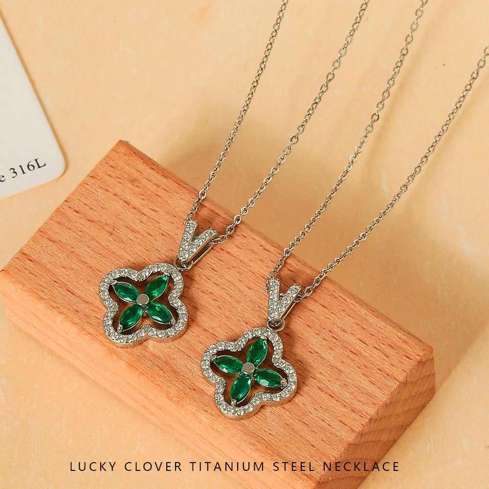 Colorful Four-Leaf Clover Inlaid Zircon Necklace Stainless Steel Simple High-End Feel Women's Non-Fading Accessory Jewelry for Women
