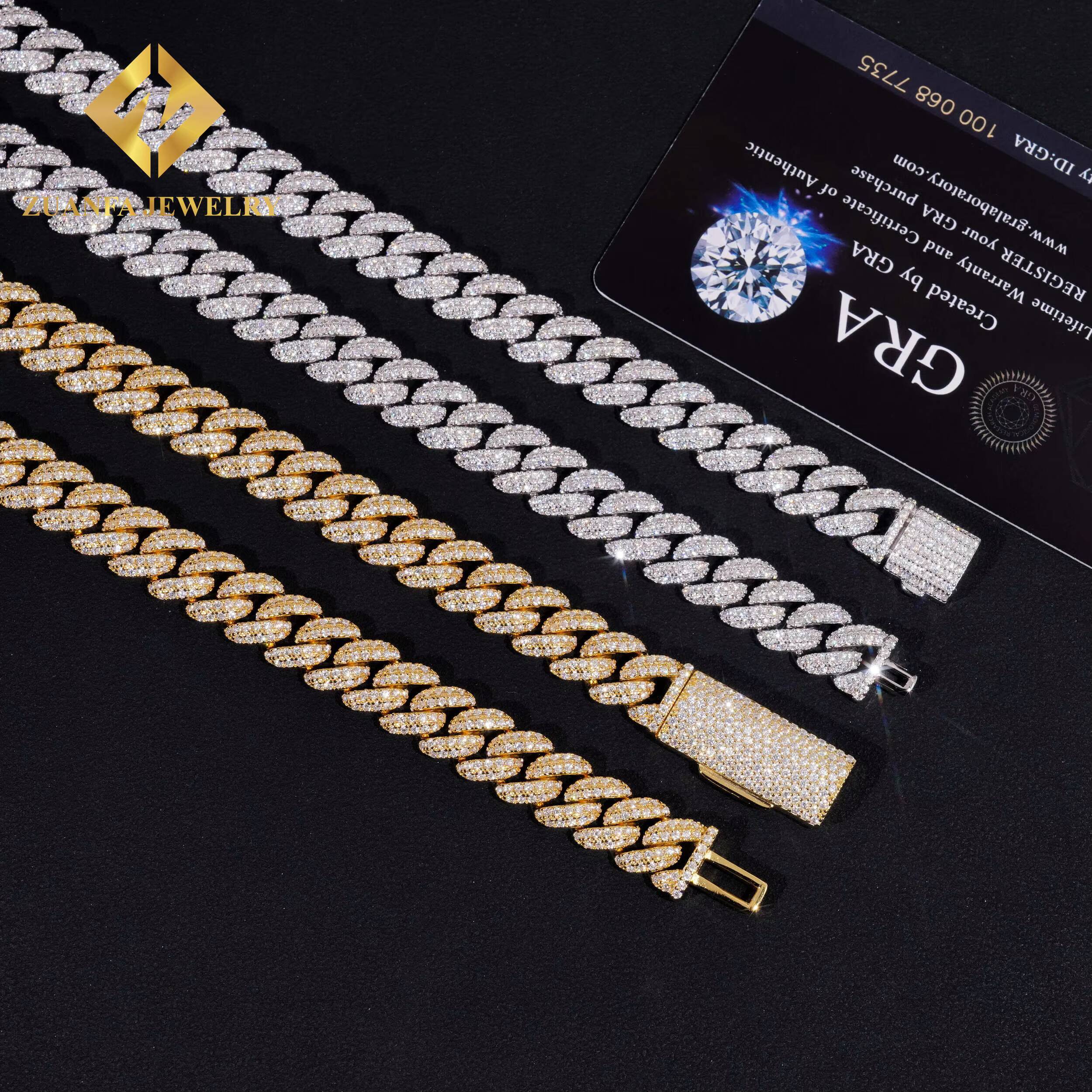 RTS Pass Diamond Tester 10mm 2rows Moissanite Mens Bracelet 925 Silver Cuban Link Chain Gold Plated Popular Chain