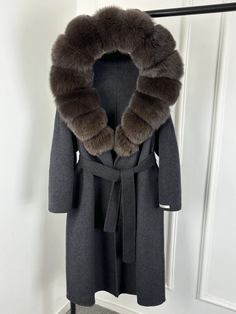 Janveny Large Fox Fur Hooded Long Oversize Ladies Woolen Blends Coat Autumen Winter Jacket Women Cashmere Wool Coats 250811