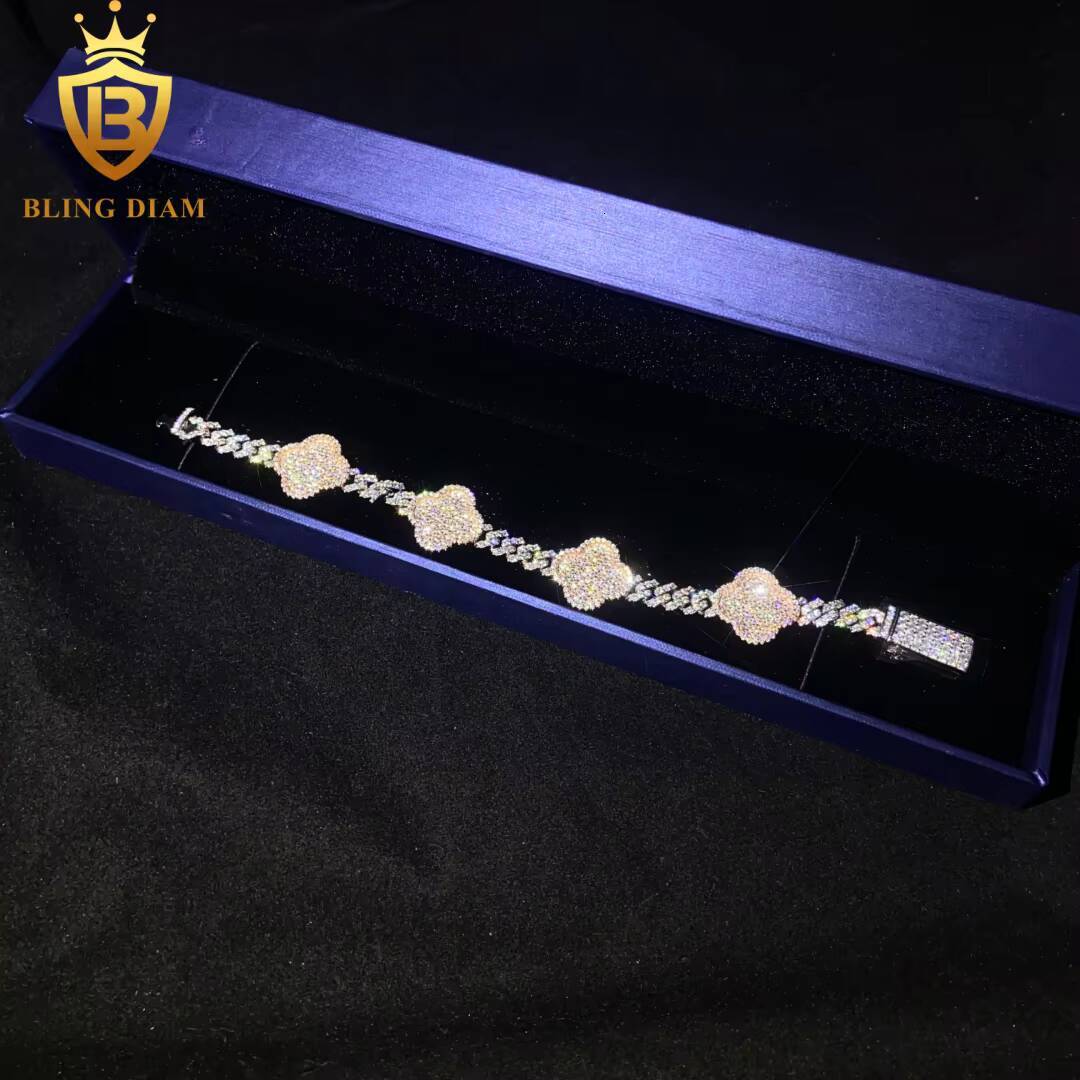 Four Leaf Clover 6mm 925 Sterling Silver Chain Moissanite Cuban Bracelet Men Women Hip Hop Style Pass Diamond Tester with GRA