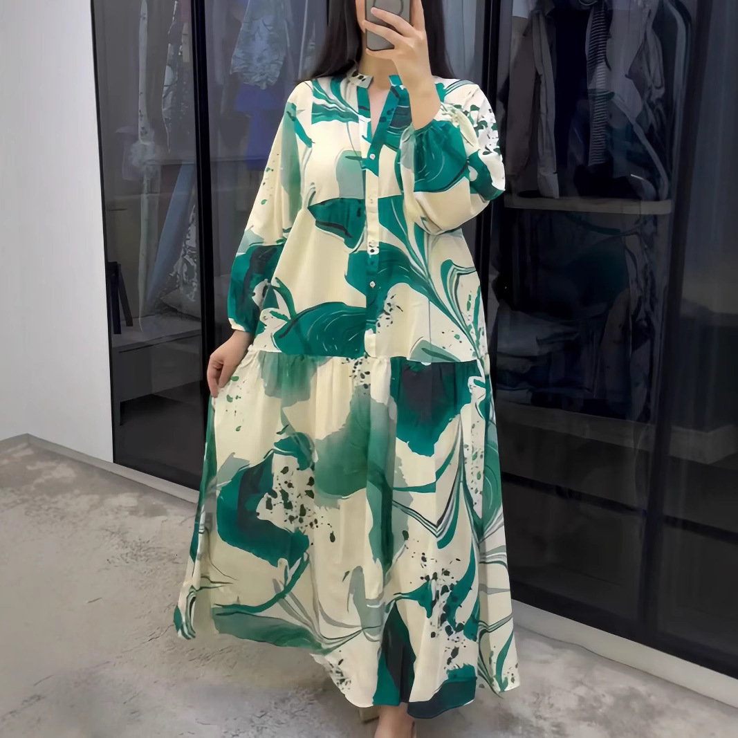 2025 New Printed Loose Casual Sleeve Elegant V-Neck Long Dress for Women
