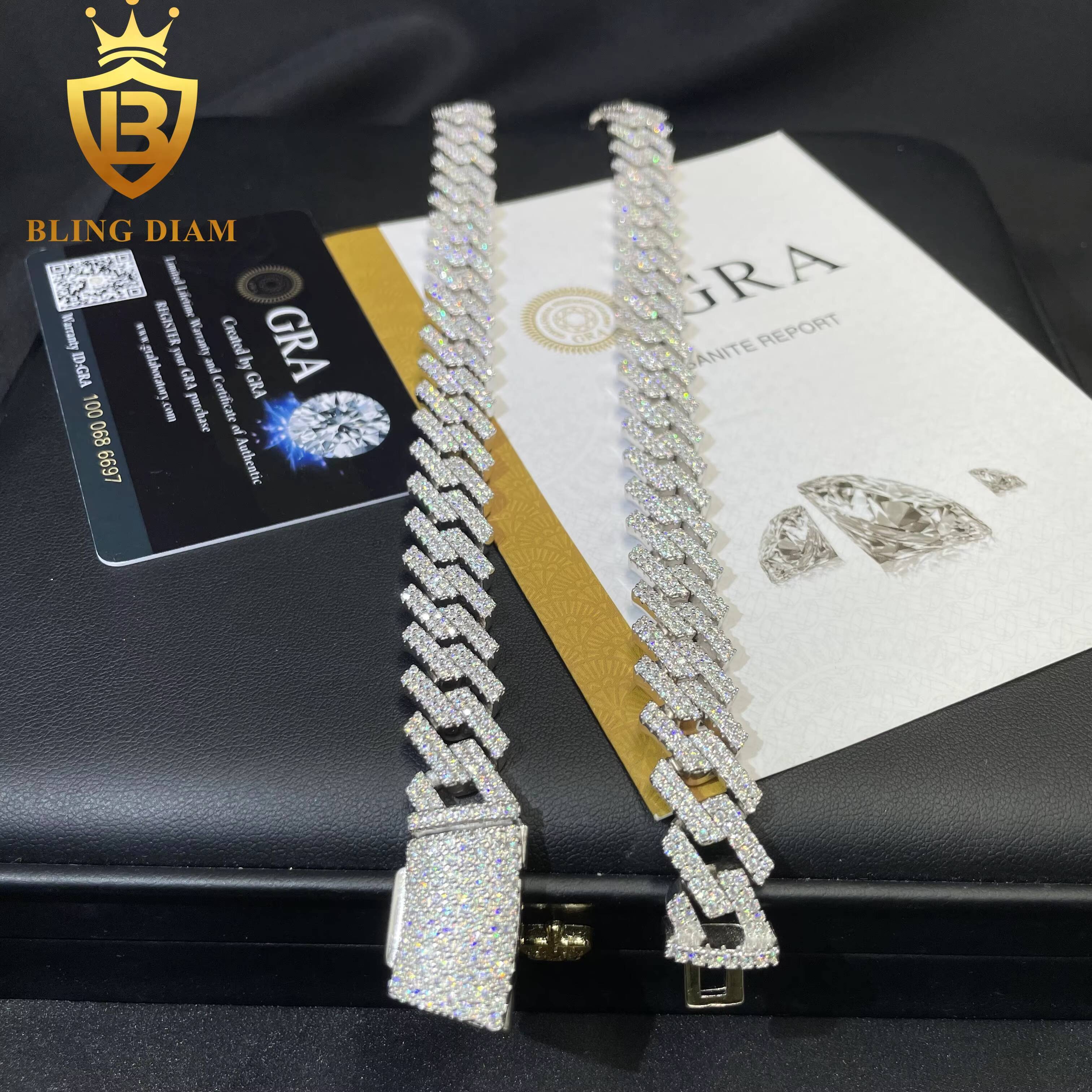 Fashion 14MM Moissanite Cuban Necklace Vvs Ice Out Round Brilliant Cut Diamond 925 Silver Fine Cuban Link Chain Men