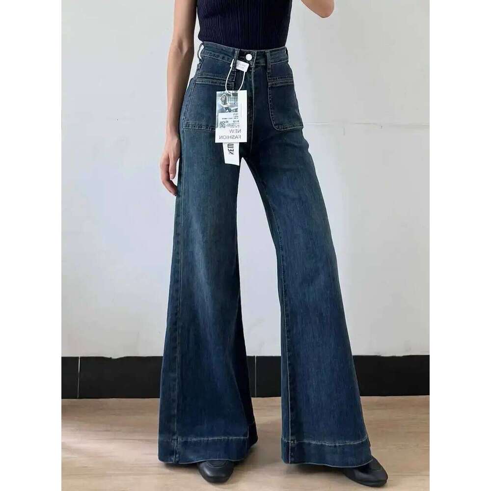 Women's Autumn New Fashion Retro Micro-flared Jeans, Solid Color High-waisted Straight Wide Leg Pants, Loose Floor-length Jeans