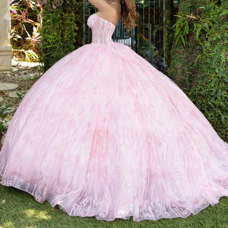 Pink Ball Gown Quinceanera Dresses Off the Shoulder Sequin Applique Lace Beads Tull Corset Vestidos 15 De Anos Sweet 16 Dress