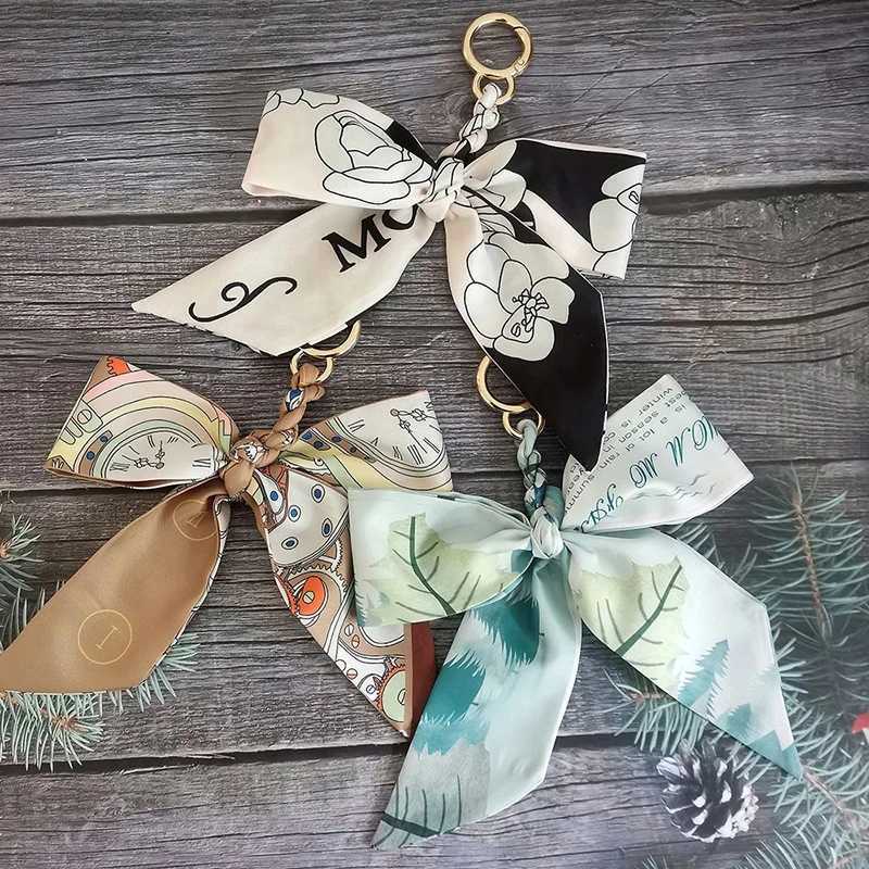 Camellia Silk Scarf Keychain for Women Woven Knot Pendant Girls Bag Ribbon Bowknot Pendants Car Key Chain Handbag Key Ring Gifts Y250815