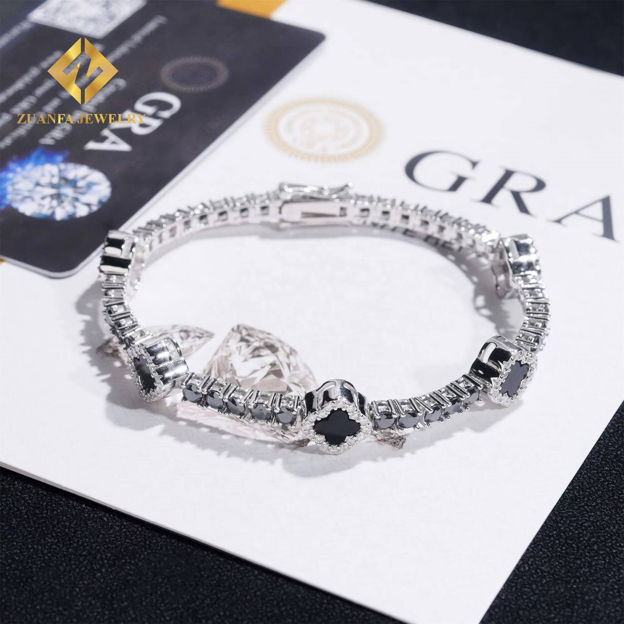 New Arrivals 3mm Iced Out Hip Hop Jewelry S925 Silver VVS1 Moissanite Diamond Four Clover Leaf Cluster Tennis Bracelet