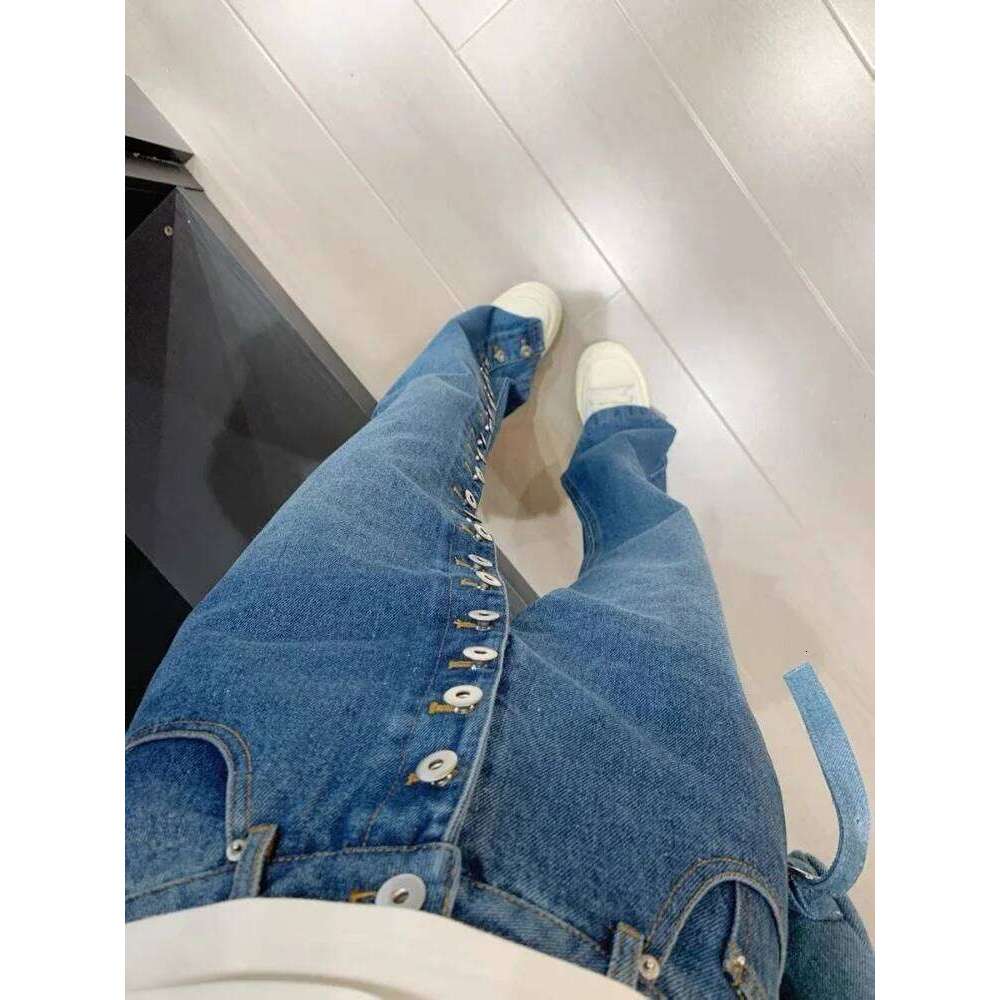 New Fashion Retro Design Multi Button Jeans For Women Slim High Waisted Straight Wide Leg Pants