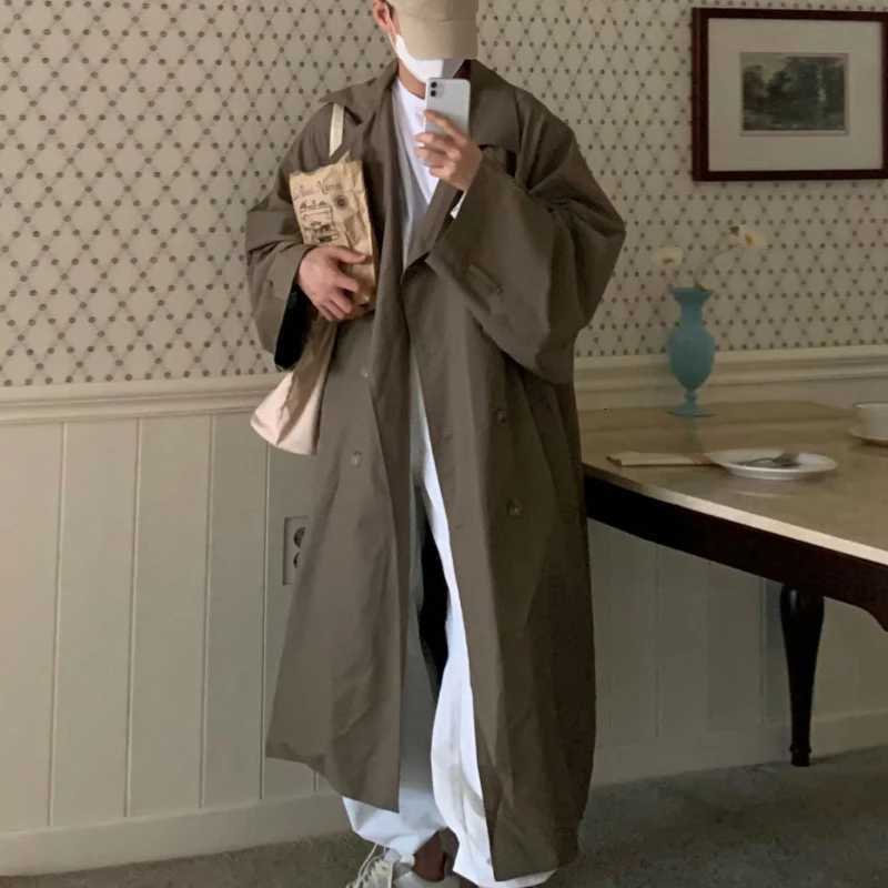 1EFB Mens Windbreaker Lapel Solid Color Casual Korean Style Overknee Overcoats Double Breasted Loose Male Trench Simple 92482 W250815