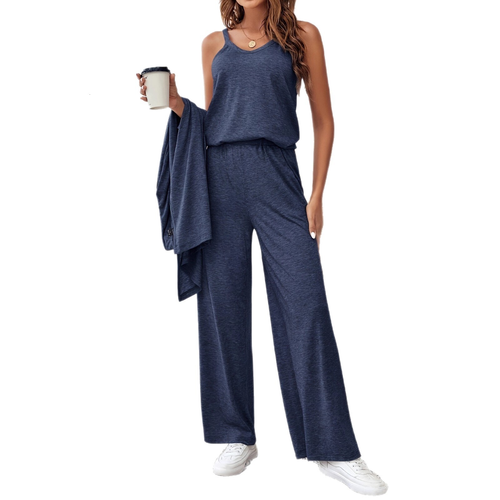 Women's Spring Casual Solid Color Camisole Top Cardigan Long Pants Three-Piece Set for Women
