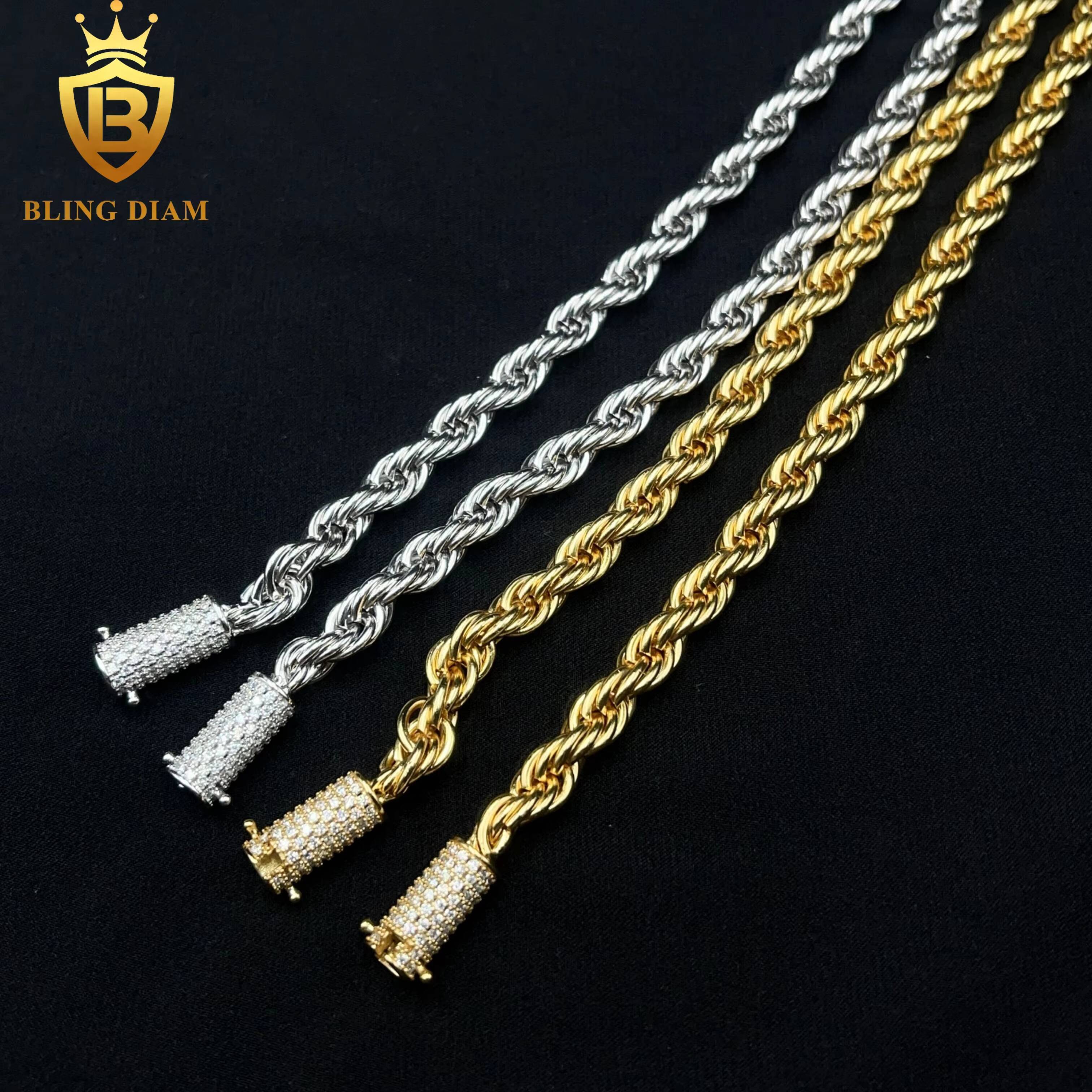 6mm Stainless Steel Rope Chain Hip Hop Jewelry 925 Sterling Silver VVS Moissanite Diamond for Men Women