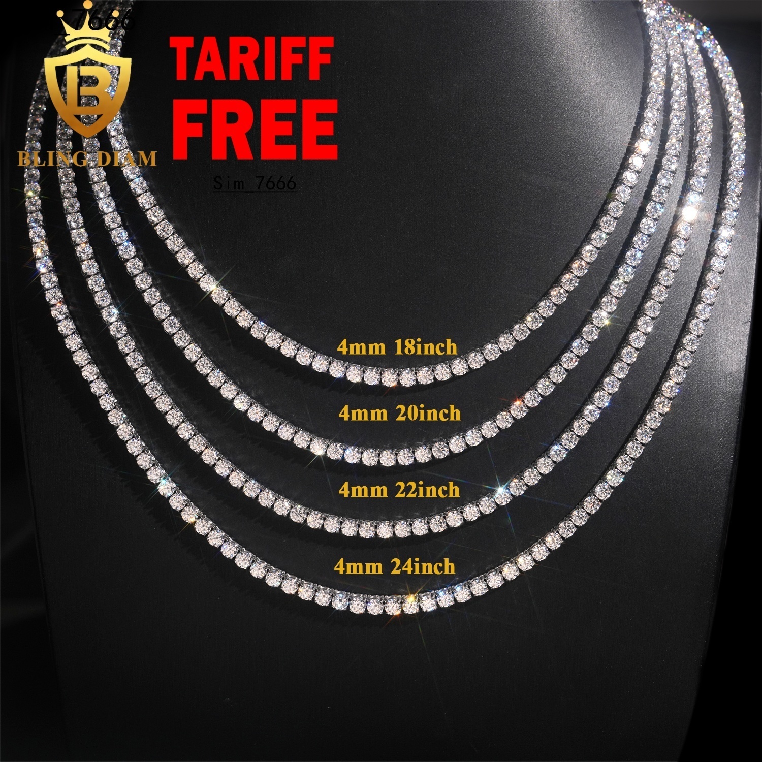 3mm 4mm Blingdiam Jewelry Wholesale Factory Low Price 925 Silver Gold Plated Vvs Mossanite Iced Out Tennis Chain
