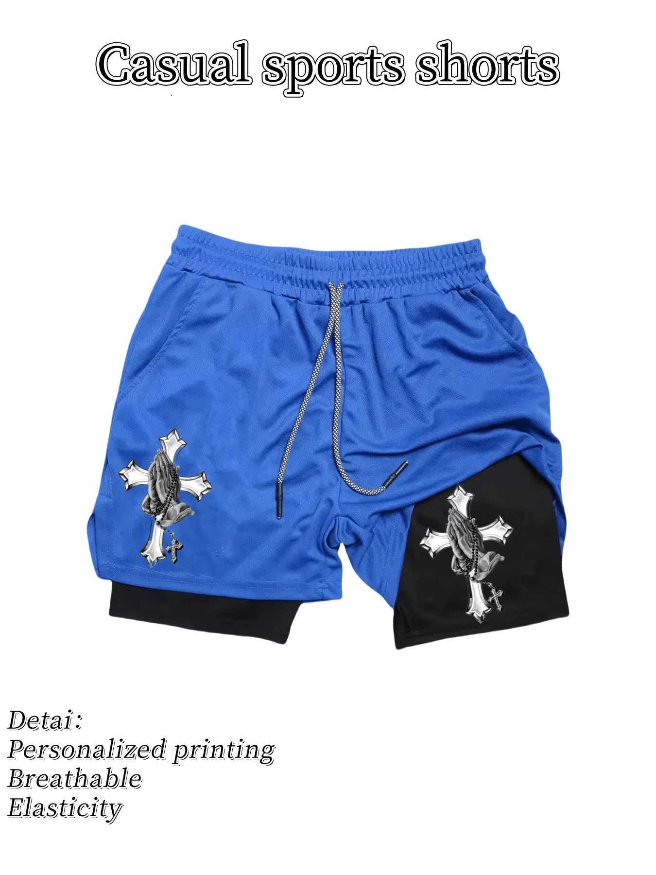 2025 fast drying double-layer sports shorts breathable summer mens modern lightweight running with Jesus print design Y250814
