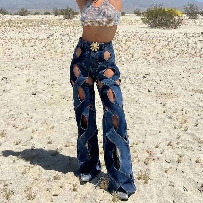 Talenza Summer High Waist Casual Patchwork Sexy Hollow Button Jeans Loose Fashion Streetwear Y2k Women's Pants