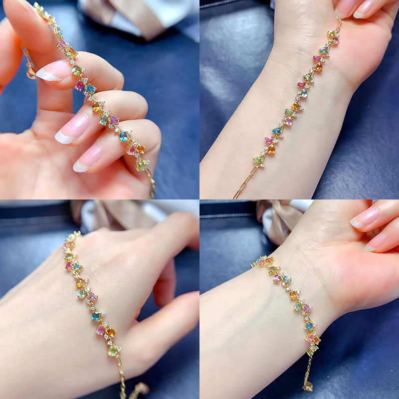 925 silver bracelet 925 silver tourmaline bracelet 3mm*4mm natural tourmaline jewelry for vacation 18K gold plated silver multi-color gemstone bracele