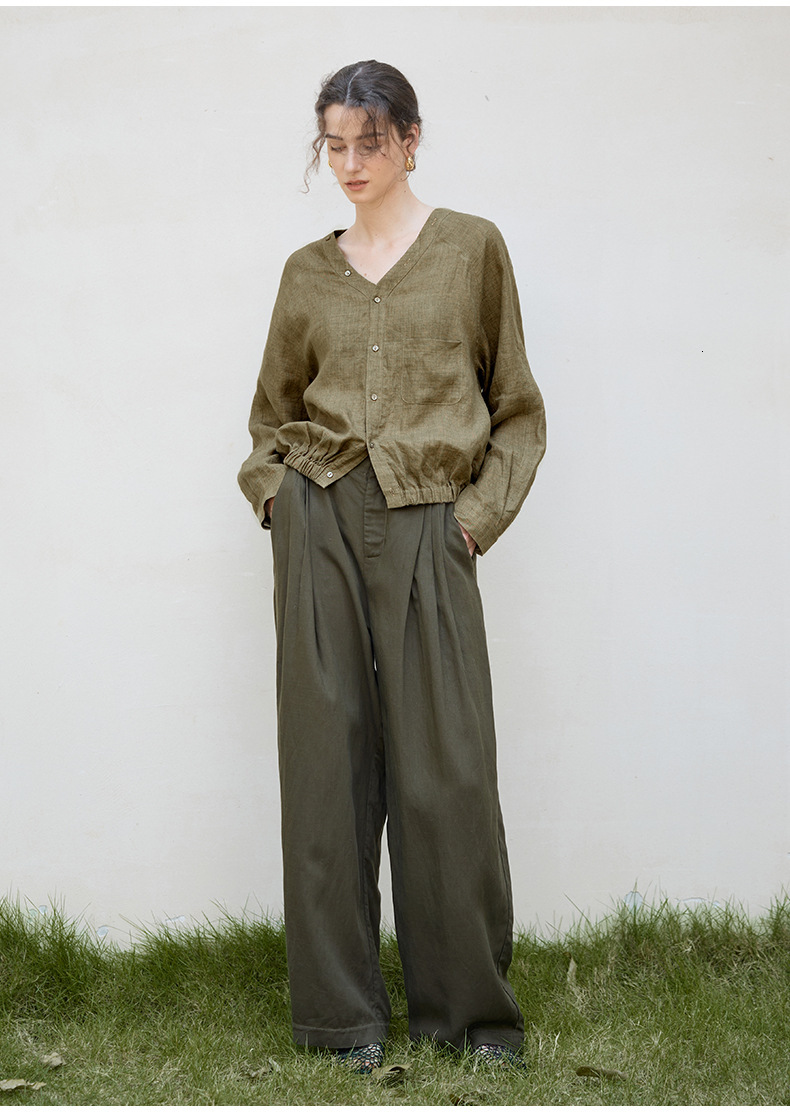 Autumn New Full Linen V-Neck Raglan Long Sleeve with Dyeing Craftsmanship Loose Cocoon Design Style Shirt