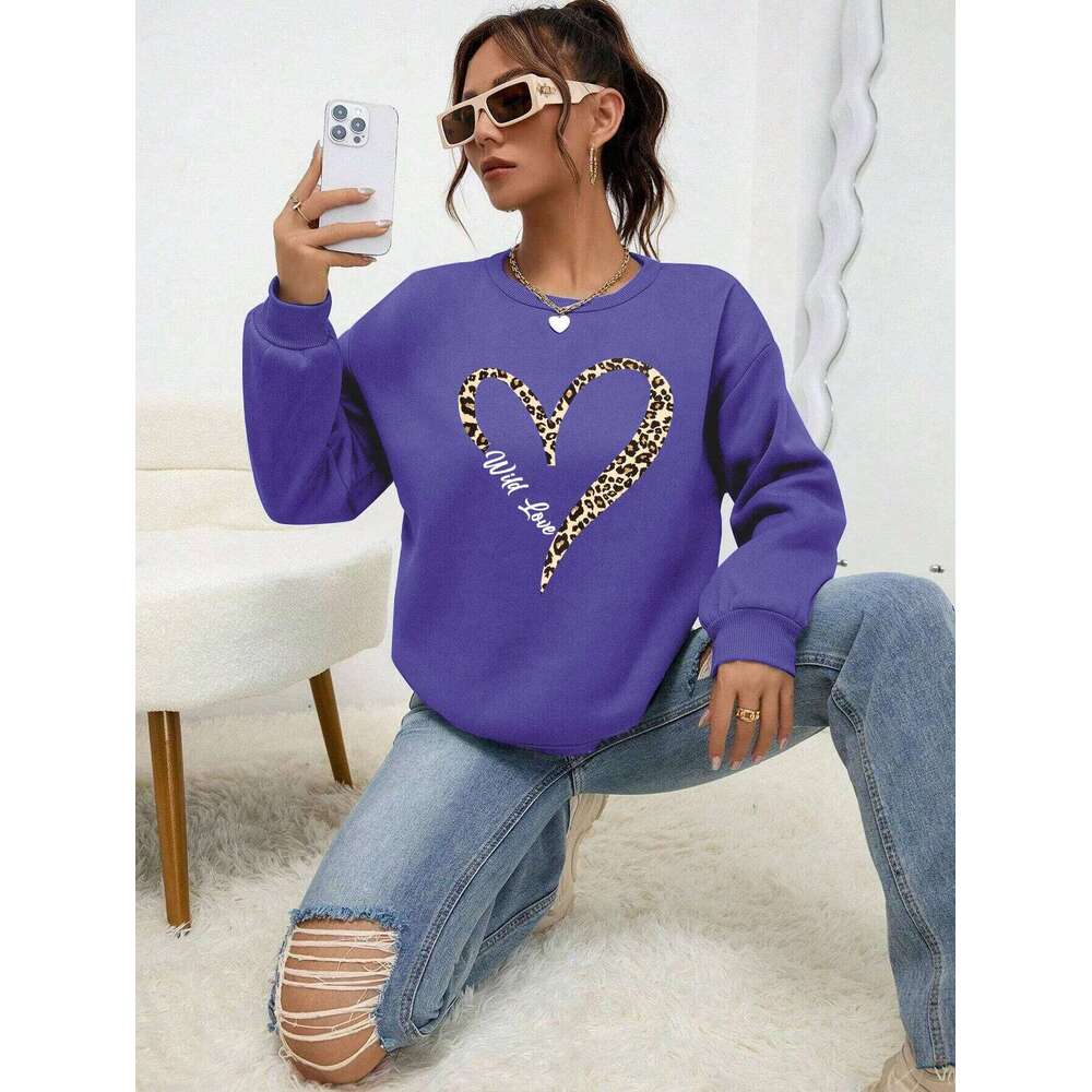 Leopard Wild Heart Pattern Print Female Sweatshirt Street Fur-Liner Pullovers Hipster Clothing All-Match Crewneck Tracksuit