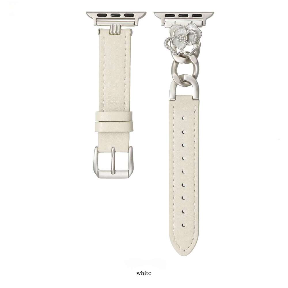 DHgargets Camellia Leather Band for Apple Watch - Genuine Cowhide Strap with Metal Flower Charm (6 Colors, All Sizes)