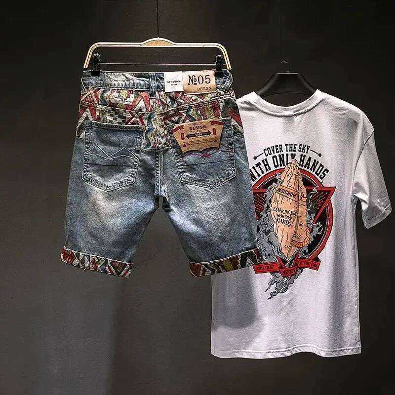 High-end Haruku Fashion Designer Clothes Embroidered Patchwork Summer Jeans Shorts Men Straight Knee Length Casual Trousers