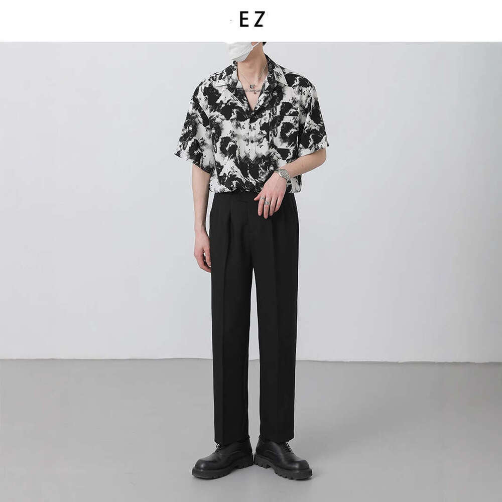 Summer Top Korean Loose High-End Drape Short Sleeve Men's Trendy Cool Ink Wash Non-Iron Shirt Trend B5