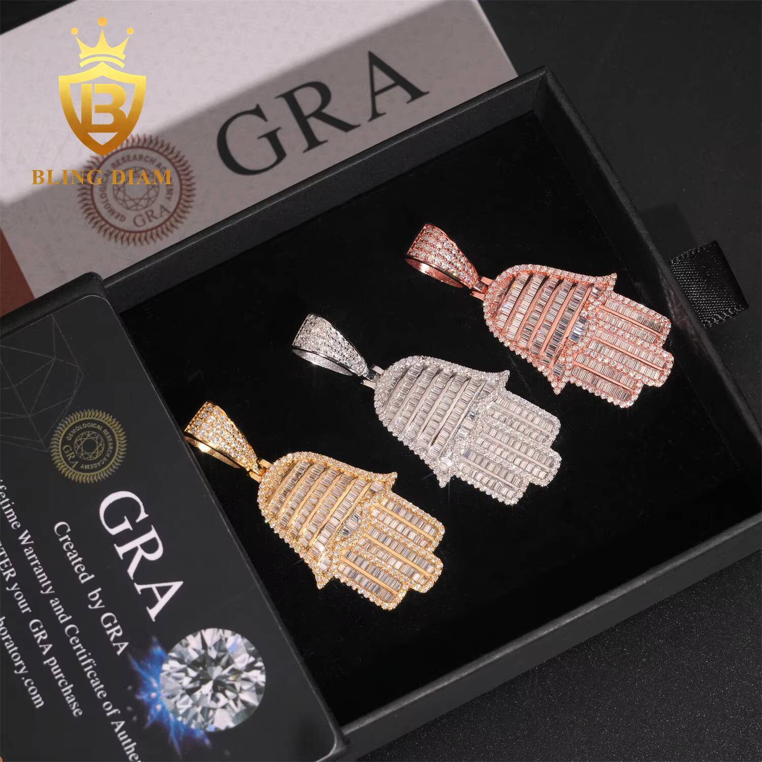 Wholesale Price Hip Hop Hamsa Pendant Solid 925 Silver Moissanite Jewelry 3 Color Iced Out Pendant Baguette Cut