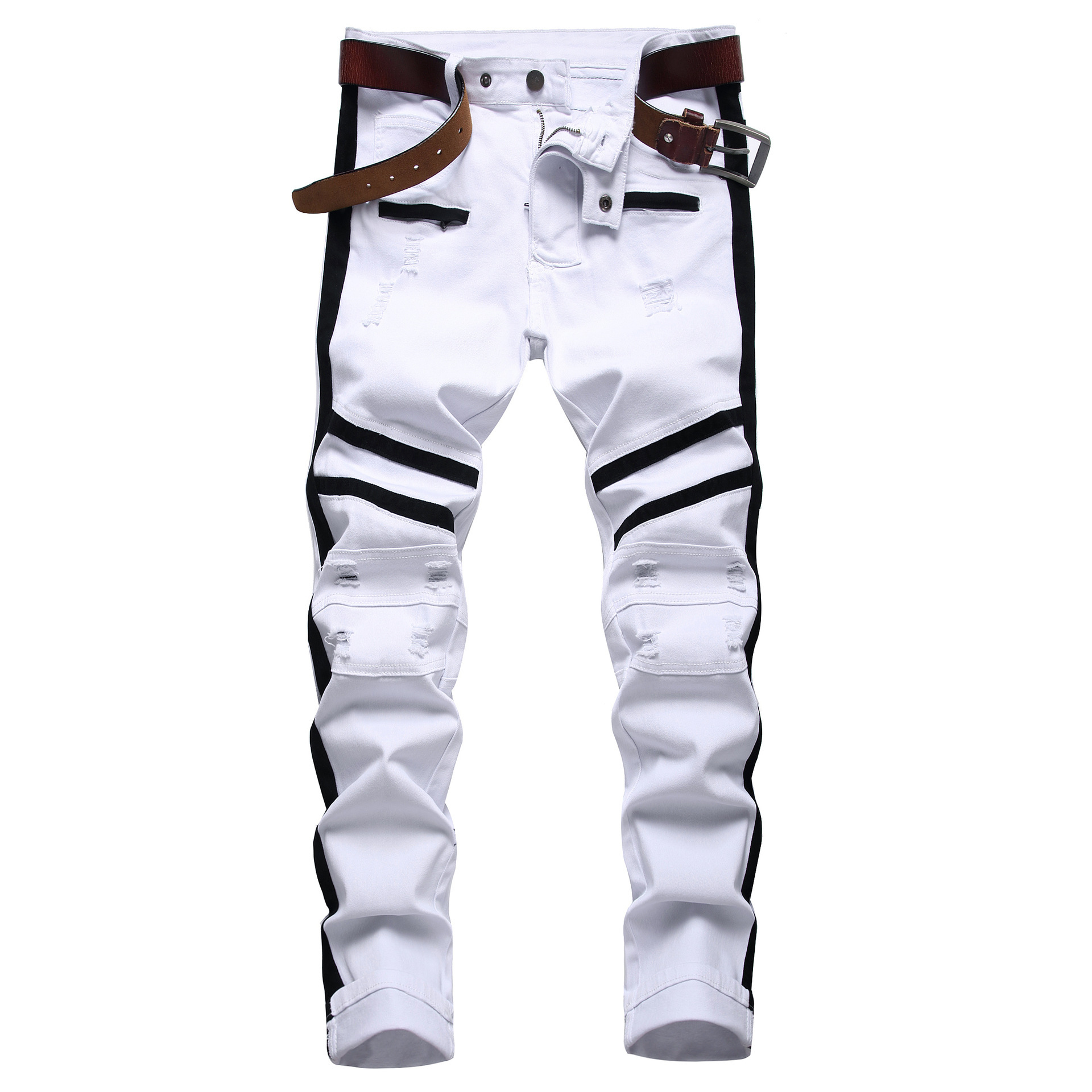 Men's White Zipper Jeans Slim Fit Stretch Ripped Denim Trousers Black Trim Streetwear Pants Men