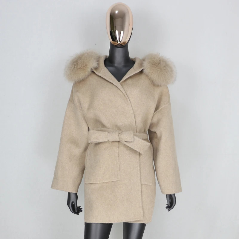CXFS Natural Fox Fur Collar Hood Cashmere Wool Blends Fur Coat Winter Jacket Women Oversize Loose Outerwear Belt 250811